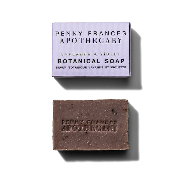 Lavender and violet botanical soap bar with cucumber, clay, and honey by Penny Frances Apothecary.
