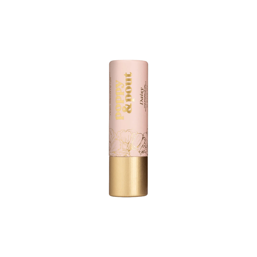 Daisy lip tint by Poppy & Pout in a cool-toned light pink shade, offering buildable color in a sustainable cardboard tube.