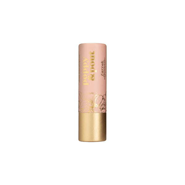 Farrah lip tint by Poppy & Pout in a soft pink shade with warm undertones, housed in a recyclable cardboard tube.