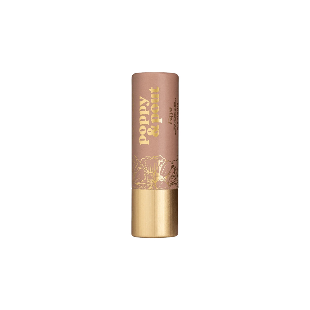 Faye lip tint by Poppy & Pout in a taupe shade, ideal for a natural makeup look, housed in a recyclable cardboard tube.