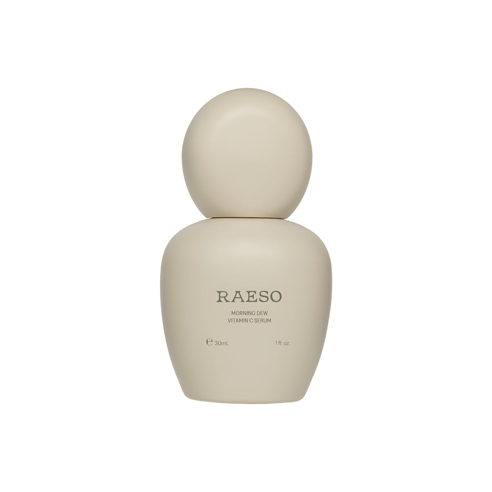 Beige serum bottle with 'RAESO' branding on a white background