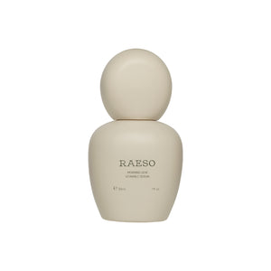 Beige serum bottle with 'RAESO' branding on a white background