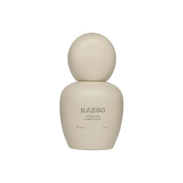 Beige serum bottle with 'RAESO' branding on a white background