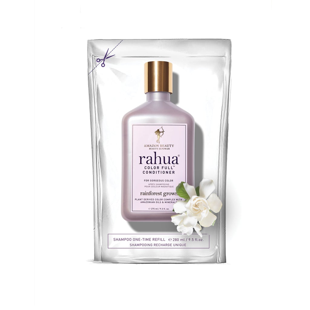 Sustainable and refillable Rahua Color Full™ Conditioner with eco-friendly refill pouches. Revitalize and extend color-treated, highlighted, and naturally colored hair with antioxidant-rich formulas, reducing plastic consumption by 90%. Achieve vibrant, nourished hair with minimal environmental impact. Refill