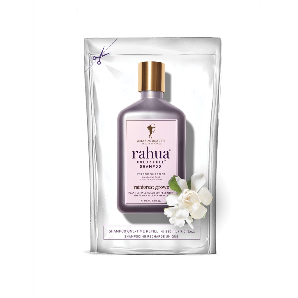 RAHUA Color Full™ Shampoo Refill - sustainable and refillable with eco-friendly pouches. Revitalize and extend color-treated, highlighted, and natural colored hair with antioxidant-rich formulas. Reduces plastic consumption by 90%. Enhances color, removes brassy tones, and improves hair texture. Sweet and floral scent.