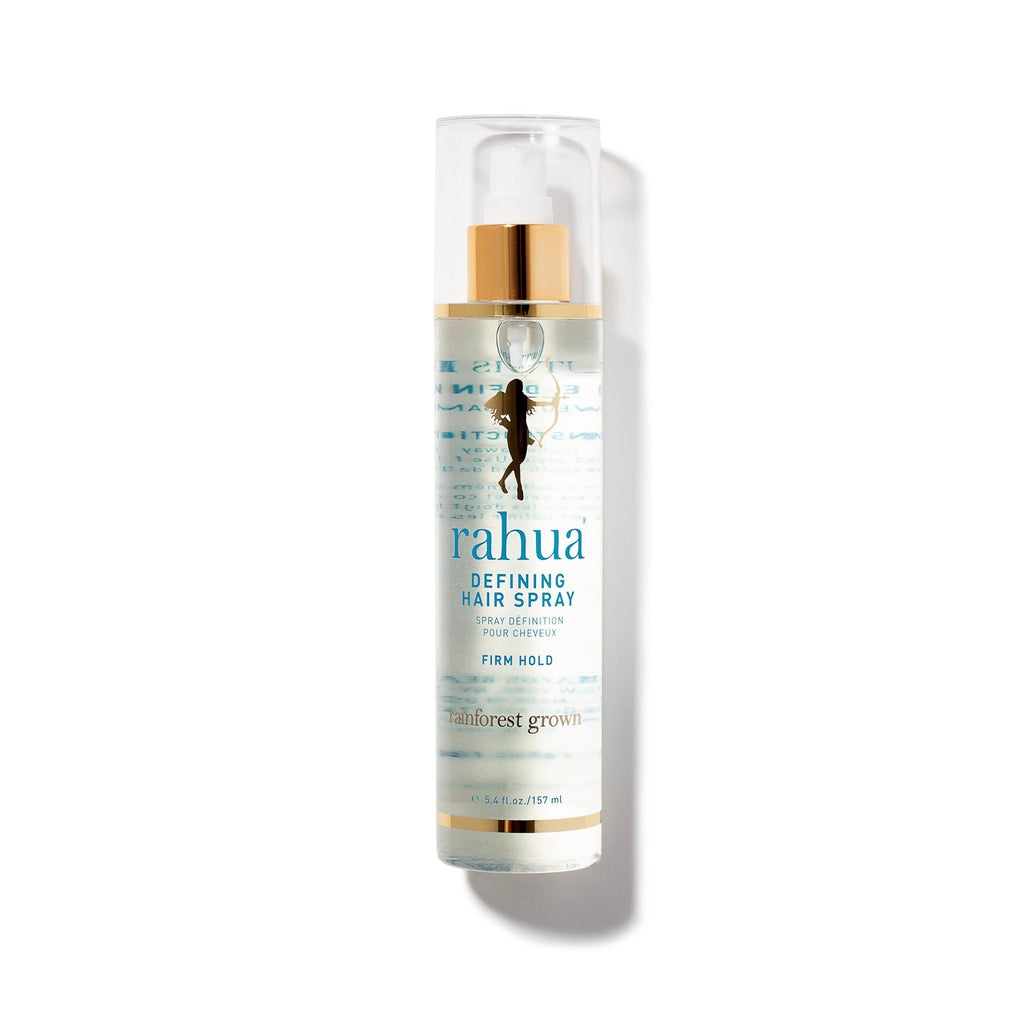 RAHUA Defining Hair Spray - sugarcane-powered, 98% natural plant-based formula. Offers definition and firm, malleable hold without stickiness. Non-aerosol, environmentally friendly, nourishes hair, keeps it brushable and frizz-free. Herbal scent with Lavender, Orange, and Palo Santo essential oils. Suitable for all hair types.