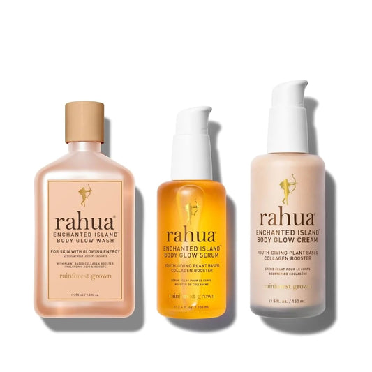 Rahua Enchanted Island™ Body Glow Collection - rejuvenate skin for smooth, well-toned radiance. Includes Body Glow Wash (9.3 fl oz), Body Glow Serum (100 ml), and Body Glow Cream (150 ml). Nourish, replenish, and maintain moisture for radiant skin. Supports The Pink Flamingo Project.