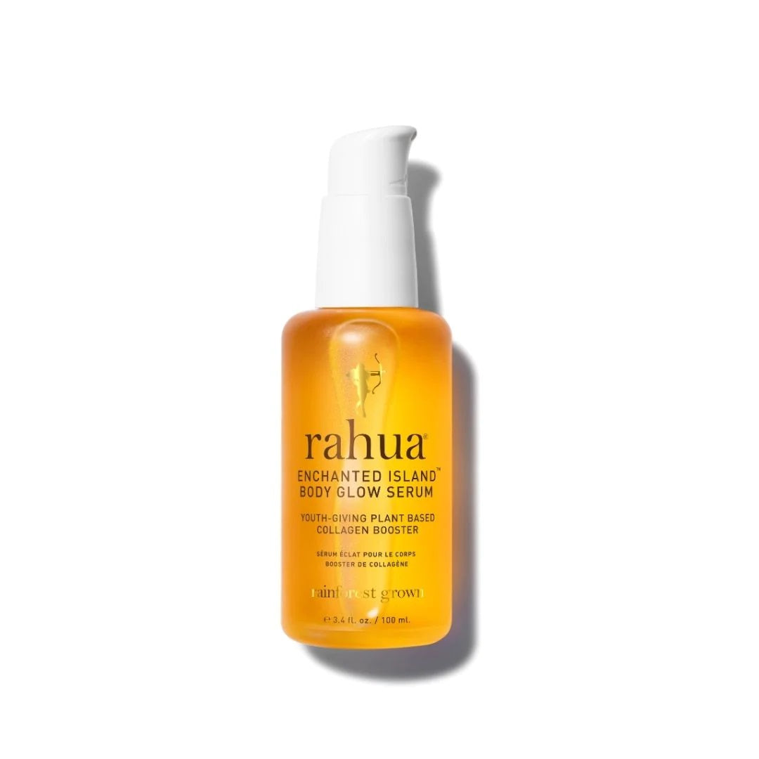 RAHUA Enchanted Island™ Body Glow Serum - soothing oil serum with powerful plant ingredients. Provides protection, youth-giving, and restorative benefits for smooth, soft, hydrated, well-toned, and radiant skin. Golden oil serum infused with coconut and guava for a paradise escape.