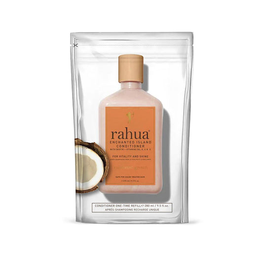 RAHUA Enchanted Island™ Conditioner Refill - sustainable and refillable with 100% recyclable pouches. Strengthens and adds radiance to all hair types. Vitamin and antioxidant-rich with plant-based Biotin, Vitamins B6, A, C, and E. Promotes healthy hair growth and prevents premature hair loss. Enchanting guava and coconut scent.