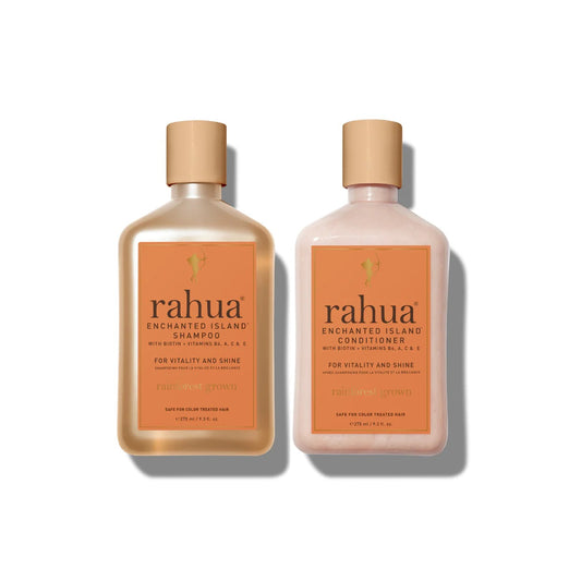 RAHUA Enchanted Island™ Essential Hair Care Set - includes Shampoo and Conditioner (9.3 fl. oz each). Formulated to strengthen and add radiance to all hair types. Vitamin and antioxidant-rich with plant-based Biotin and Vitamins B6, A, C, and E. Boosted with pomegranate, Guayusa, Rahua, Morete, and Sacha Inchi oils. Enchanting guava and coconut scent.