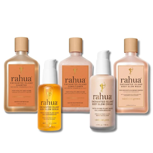 RAHUA Enchanted Island™ Head to Toe Glow - includes Shampoo, Conditioner, Body Glow Wash, Body Glow Serum, and Body Glow Cream. Elevate your shower experience for radiant skin and hair. Vitamin and antioxidant-rich formulas with plant-based Biotin, Vitamins B6, A, C, and E. Nourishes, replenishes, and hydrates skin and hair.