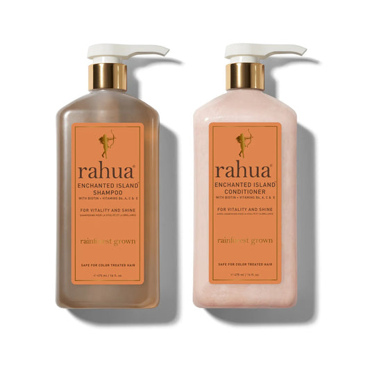 RAHUA Enchanted Island™ Lush Pump Set - includes Shampoo and Conditioner (16 oz each). Formulated to strengthen and add radiance to all hair types. Vitamin and antioxidant-rich with plant-based Biotin, Vitamins B6, A, C, and E. Enriched with pomegranate, Guayusa, Rahua, Morete, and Sacha Inchi oils. Enchanting guava and coconut scent. Supports The Pink Flamingo Project.