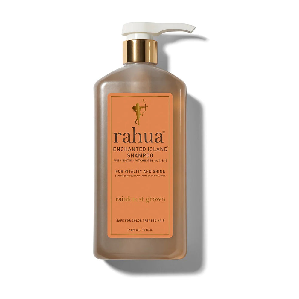 RAHUA Enchanted Island™ Shampoo Lush Pump - strengthens and adds radiance to all hair types. Vitamin and antioxidant-rich formula with plant-based Biotin, Vitamins B6, A, C, and E. Enriched with pomegranate, Guayusa, Rahua, Morete, and Sacha Inchi oils. Enchanting guava and coconut scent. Lush Pump