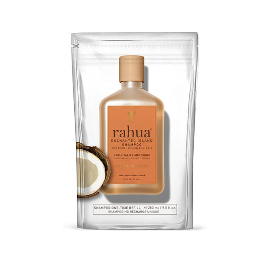 RAHUA Enchanted Island™ Shampoo Refill - sustainable and refillable with 100% recyclable pouches. Strengthens and adds radiance to all hair types. Vitamin and antioxidant-rich with plant-based Biotin, Vitamins B6, A, C, and E. Promotes healthy hair growth and prevents premature hair loss. Enchanting guava and coconut scent.