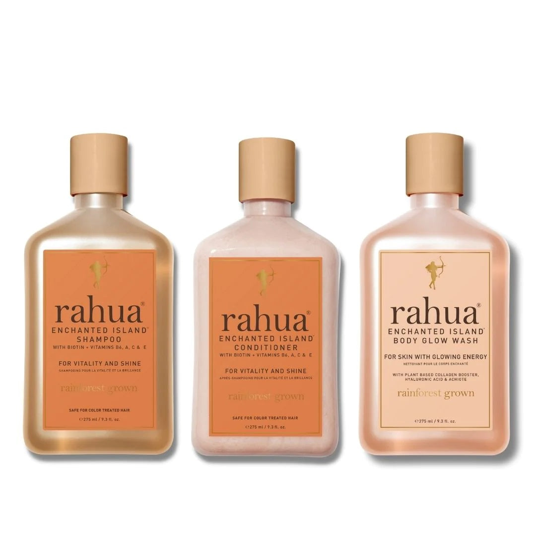 RAHUA Enchanted Island™ Shower Essentials - includes Shampoo, Conditioner, and Body Glow Wash (9.3 oz each). Transform your shower with luxurious hair care and radiant body glow. Vitamin and antioxidant-rich formulas with plant-based Biotin, Vitamins B6, A, C, and E. Supports The Pink Flamingo Project.