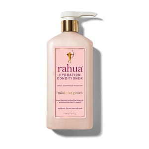 RAHUA Hydration Conditioner Lush Pump - rich, creamy, deeply moisturizing conditioner for dry hair. Infused with Amazonian oils: Rahua, Sacha Inchi, Morete, and natural protein-bonding sugars. Softens, detangles, and tames hair. Tropical aromas of passion fruit and mango. Ideal for all hair types experiencing dryness. Lush Pump