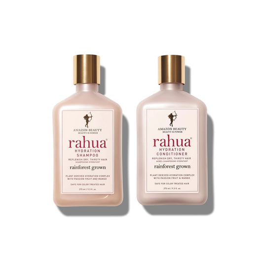 RAHUA Hydration Essential Hair Care Set - includes Hydration Shampoo and Conditioner (275 ml / 9.3 fl oz each). Scented with passion fruit and mango, this moisturizing set hydrates and balances the scalp, leaving hair stronger, healthier, smoother, and shinier. Infused with Amazonian oils and protein-bonding sugars. Ideal for all hair types experiencing dryness.