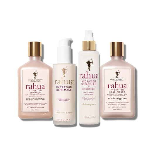 RAHUA Hydration Heroes - includes Hydration Hair Mask, Detangler + UV Barrier, Shampoo, and Conditioner. Moisturize and enrich hair and scalp with Amazonian oils and protein-bonding sugars. Ideal for all hair types, especially dry, curly, thick, coarse, and porous hair. Scented with tropical notes of passion fruit and mango.