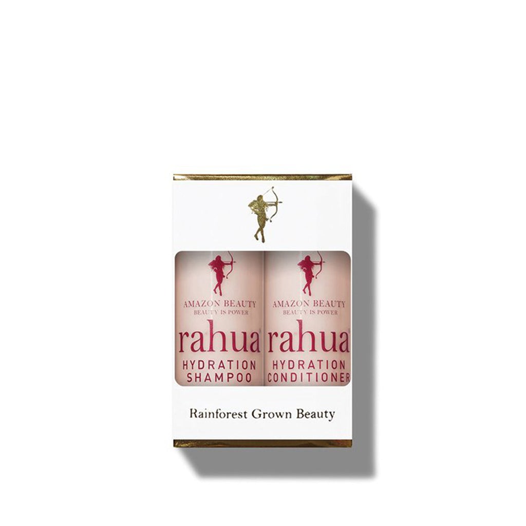 RAHUA Hydration Travel Duo - rich, creamy shampoo and conditioner for deep hydration. Infused with Amazonian oils and natural protein-bonding sugars. Leaves scalp hydrated and balanced, hair stronger, healthier, smoother, and shinier. Scented with passion fruit and mango. Includes 2oz travel sizes of Hydration Shampoo and Conditioner.