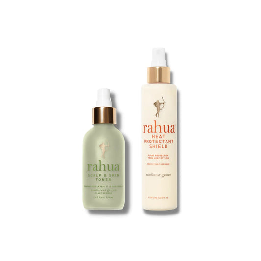 RAHUA Scalp & Hair Protective Ritual - includes Heat Protectant Shield and Scalp & Skin Toner. Mist and protect hair and scalp with this plant-based ritual. Heat Protectant Shield safeguards strands during styling, while Scalp & Skin Toner cleanses, balances, and refreshes. Suitable for all hair and skin types.