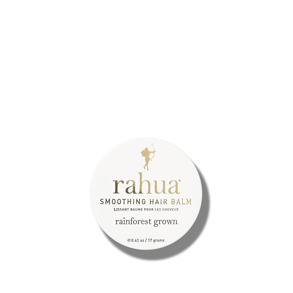 RAHUA Smoothing Hair Balm - anti-frizz, moisturizing balm for dry hair. Lightweight formula with Gardenia Enfleurage Oil adds shine and enhances color. Perfect for on-the-go touch-ups, also doubles as a lip balm, cuticle softener, and dry skin moisturizer. Suitable for all hair types and textures.