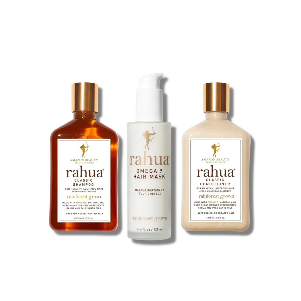 RAHUA Strong Hair Rituals - includes Classic Shampoo, Conditioner, and Omega 9 Hair Mask. Fortify and strengthen hair with this weekly ritual. Shampoo soothes and balances the scalp, conditioner delivers hydration and smooths frizz, and the hair mask deeply penetrates for salon-like results. Woodsy and earthy scents.