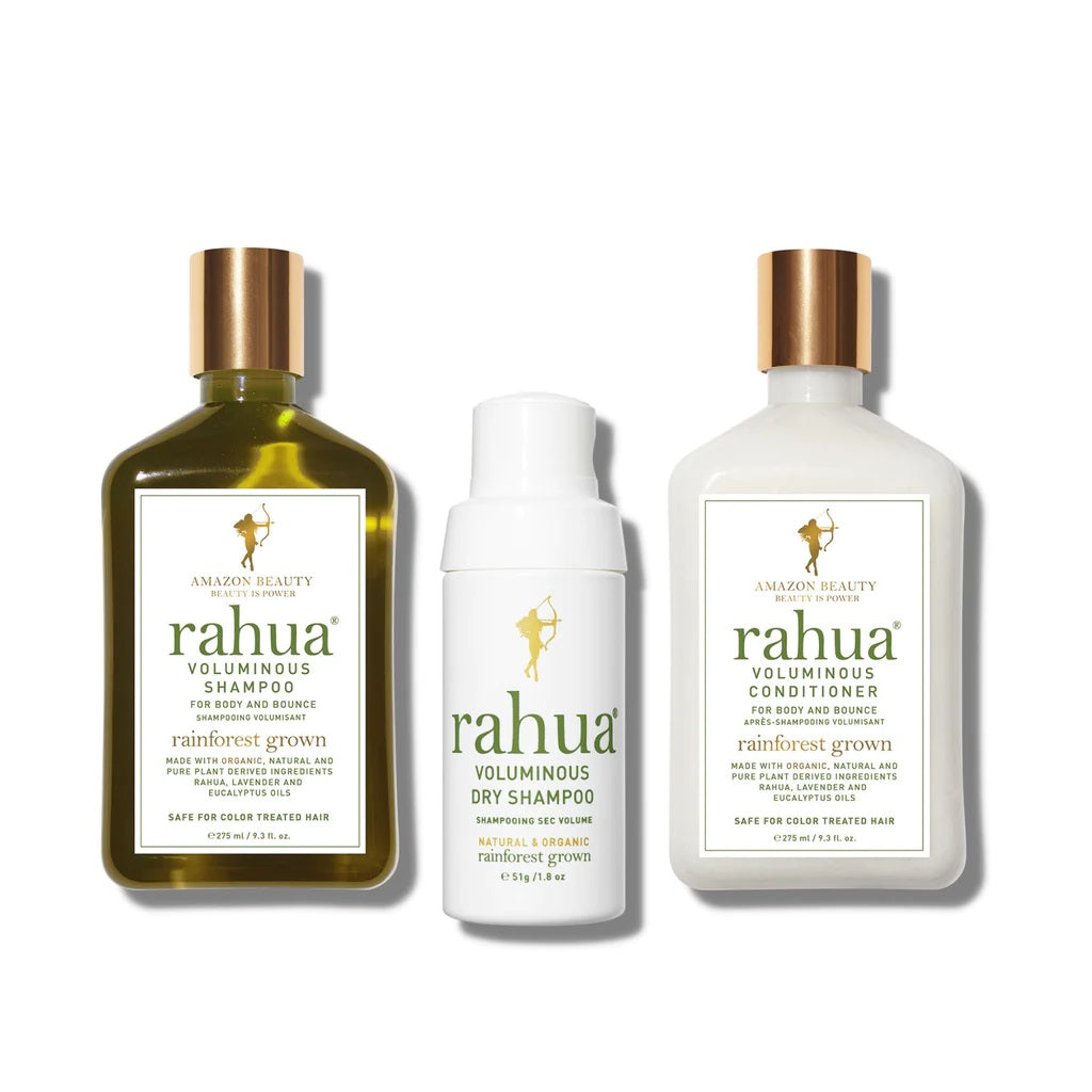 RAHUA Voluminous Rituals - includes Voluminous Shampoo, Conditioner, and Dry Shampoo. Add body, bounce, and texture with this award-winning haircare set. Strengthens, clarifies, and nourishes hair with green tea antioxidants, citrus juices, and lemongrass. Rich yet weightless conditioner leaves hair silky and full of body. Best for fine and oily hair, including color-treated hair.