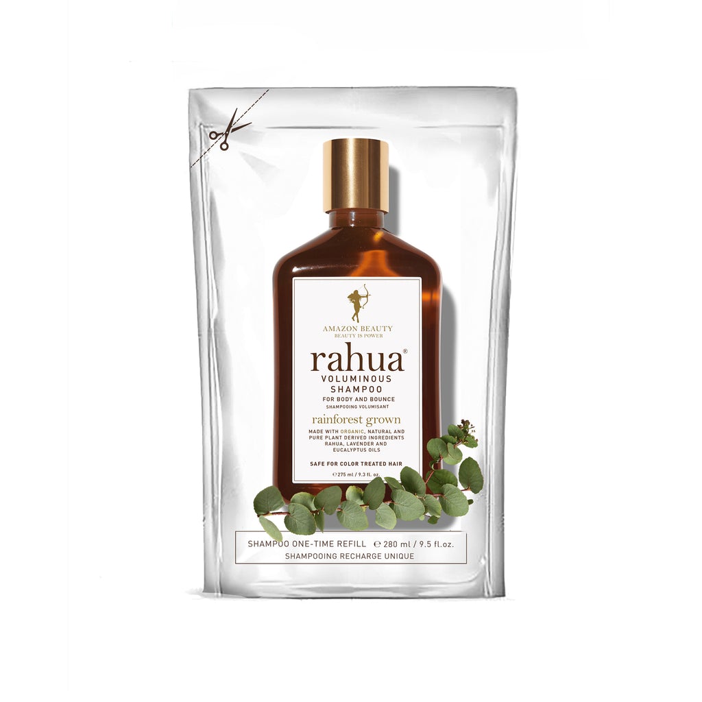 RAHUA Voluminous Shampoo Refill - sustainable and refillable pouches for Rahua Voluminous Shampoo. Delivers noticeable body and lift with plant-powered formula. Nourishes and clarifies hair while reducing plastic consumption by 90%. Best for fine or oily hair types. Refill