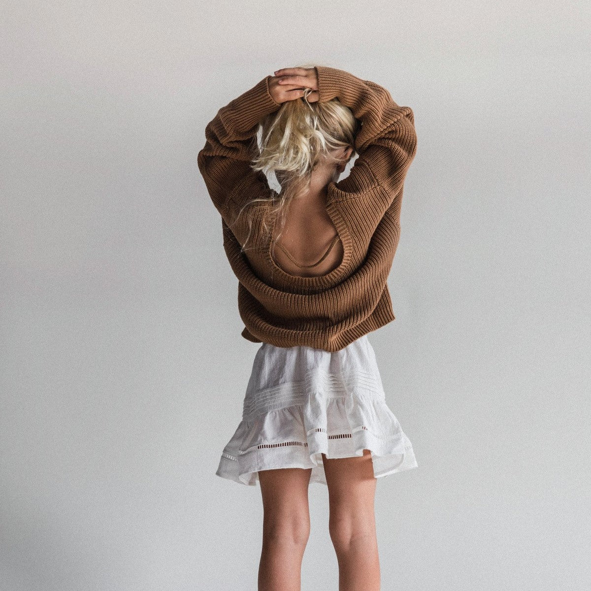RAISED BY WATER Kids Scoop Back Sweater Caramel ALWAYS SHOW