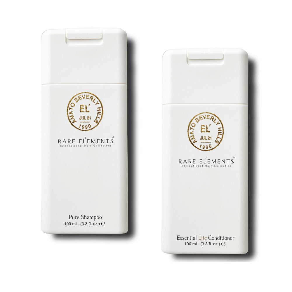 Rare Elements Shampoo & Conditioner Travel Set featuring Pure Shampoo and Essential Lite Conditioner, ideal for nourishing and hydrating color-treated, overworked hair.