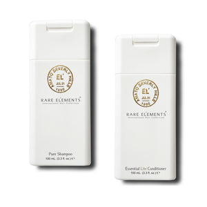 Rare Elements Shampoo & Conditioner Travel Set featuring Pure Shampoo and Essential Lite Conditioner, ideal for nourishing and hydrating color-treated, overworked hair.
