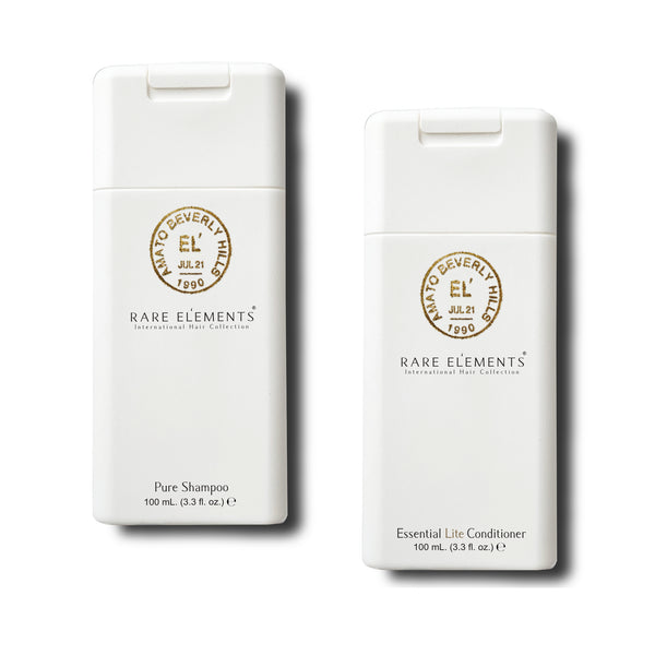Rare Elements Shampoo & Conditioner Travel Set featuring Pure Shampoo and Essential Lite Conditioner, ideal for nourishing and hydrating color-treated, overworked hair.