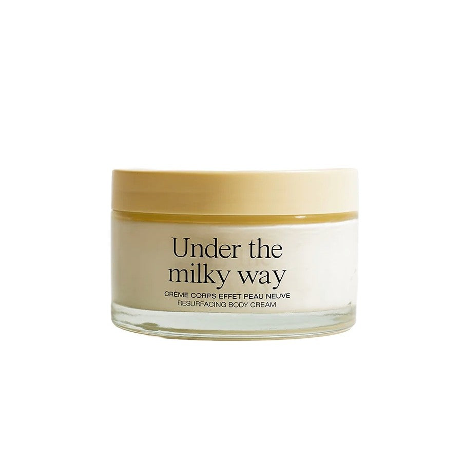 Refeel Naturals Under the Milky Way Skin-Renewing Body Cream in minimalist packaging, described as smoothing, hydrating, and delicately scented with iris, popcorn, and salted caramel.