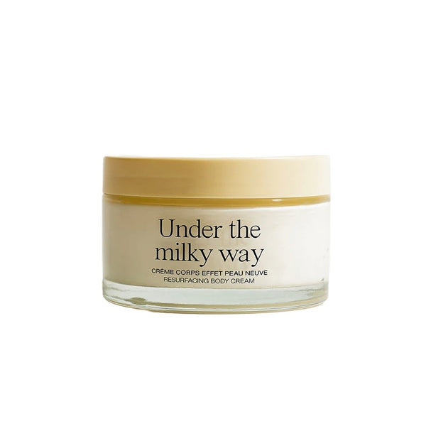 Refeel Naturals Under the Milky Way Skin-Renewing Body Cream in minimalist packaging, described as smoothing, hydrating, and delicately scented with iris, popcorn, and salted caramel.