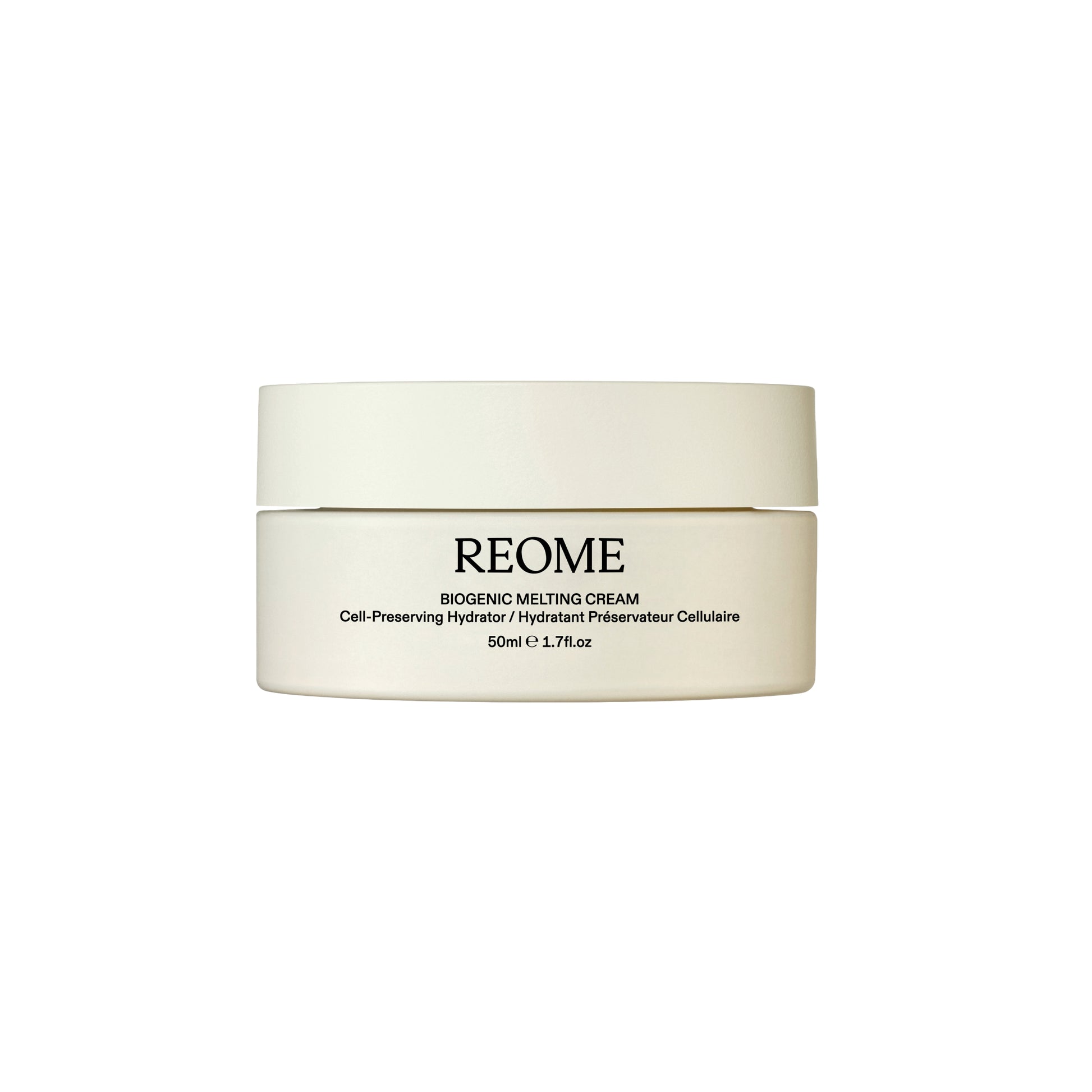 Close-up of REOME Biogenic Melting Cream in its jar, a whipped buttery facial moisturizer that melts into skin for deep hydration and a radiant, bouncy glow.