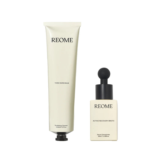 REOME The Bio-Glow Duo skincare set featuring the Three Suns Balm Cleanser and Active Recovery Broth serum, designed to cleanse and brighten the complexion.