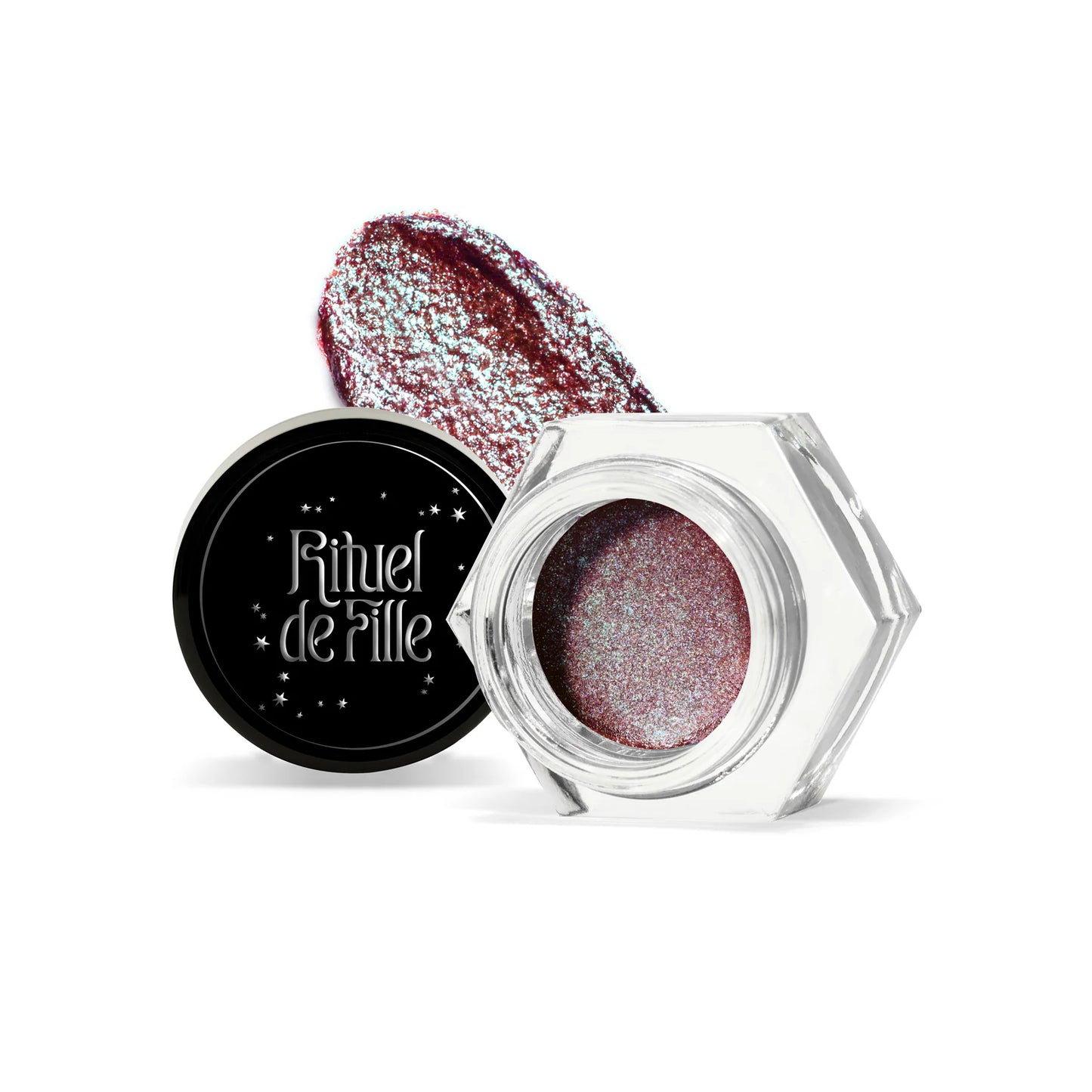 RITUEL DE FILLE Celestial Sphere Gelée Eye Gloss Cygnus, a deep red eye gloss with blue-green iridescent shimmer in a sleek compact jar.