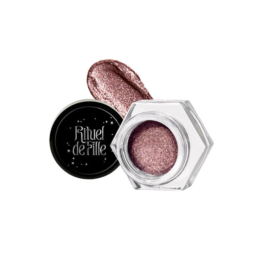 RITUEL DE FILLE Celestial Sphere Gelée Eye Gloss Solarium, mauve-taupe shimmering eye gloss with iridescent finish in a sleek compact jar.