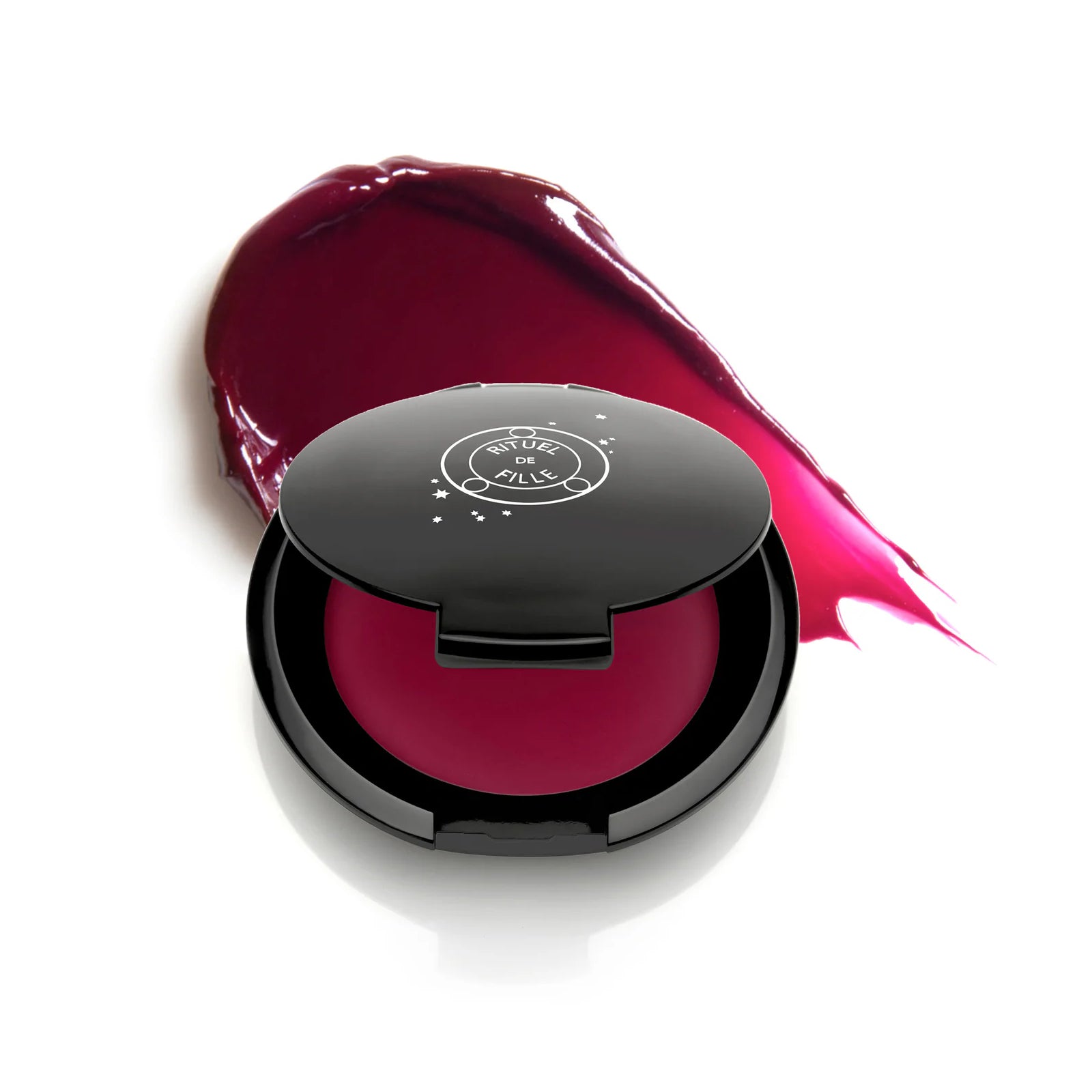 Rituel de Fille Color Nectar Pigment Balm in Glasswing, plum jelly shade in compact.