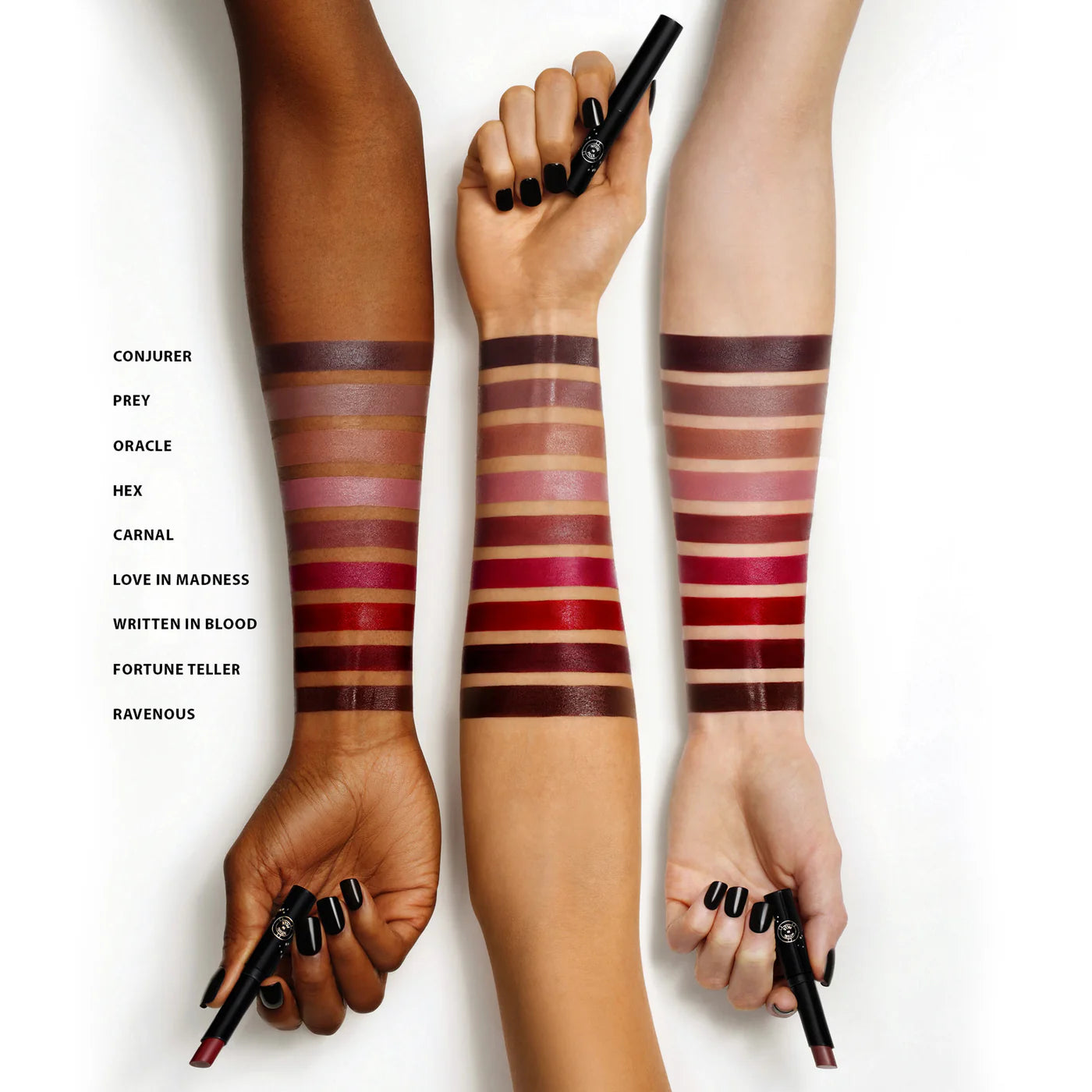 Three arms with different shades of lipstick swatches on a white background. RITUEL DE FILLE Forbidden Lipstick Ravenous