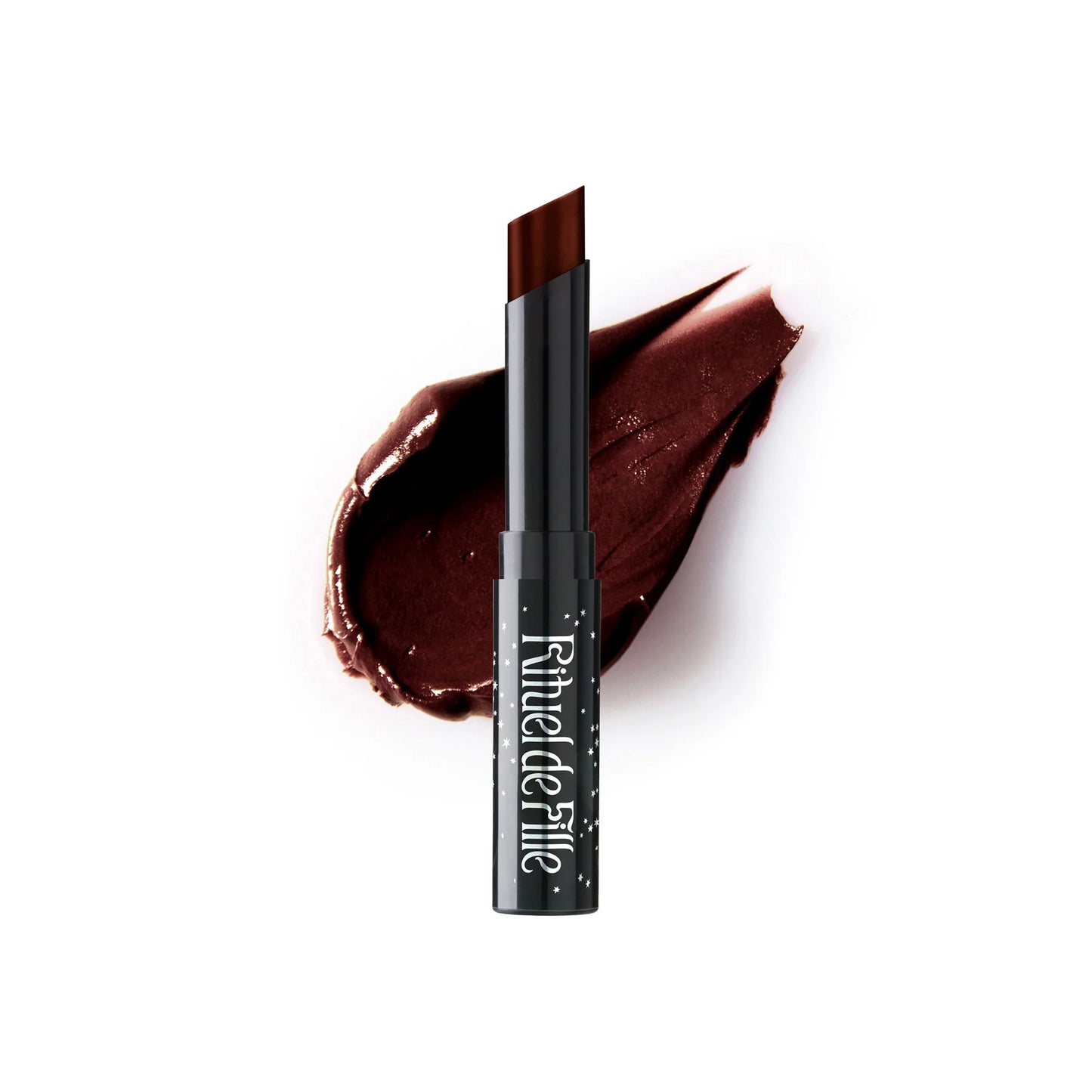 RITUEL DE FILLE Forbidden Lipstick Ravenous, deep dark red-brown semi-matte lipstick in a sleek black star-dusted tube.