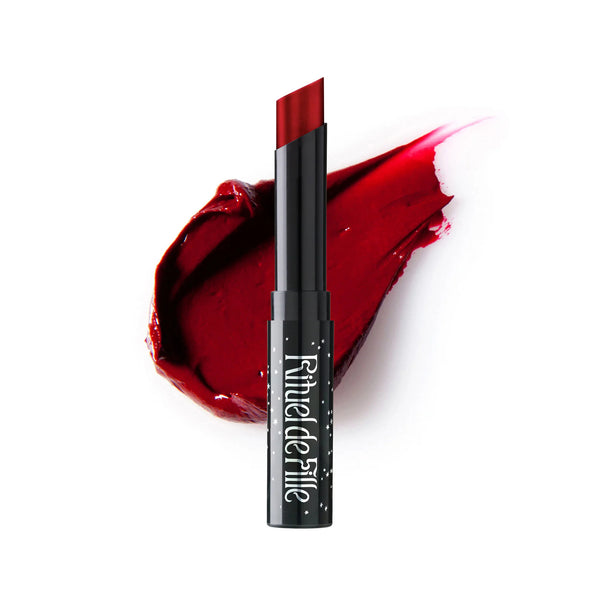 Rituel de Fille Forbidden Lipstick in Written in Blood, deep red shade in sleek tube.