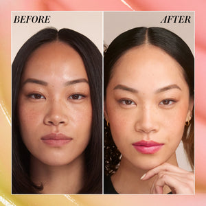 Before and after comparison of a woman's face with makeup application. RMS BEAUTY Liplights Cream Lip Gloss Chameleon