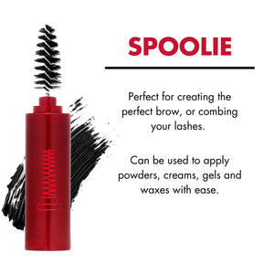 Red Spoolie brush with black bristles from Ruby Hammer on a white background