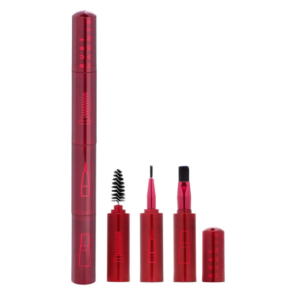 Set of red cosmetic brusheswith applicators on a white background