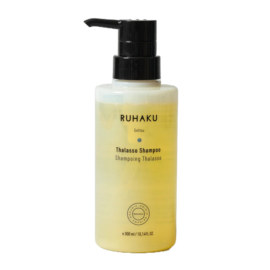 A 300 ml bottle of Ruhaku Thalasso Shampoo with a black pump dispenser, showing the yellow-colored shampoo inside, on a plain white background.