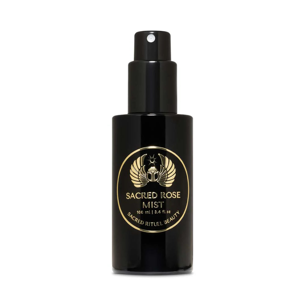Sacred Rituel Sacred Rose Mist in a violet Miron glass spray bottle, a hydrating botanical rose water mist.