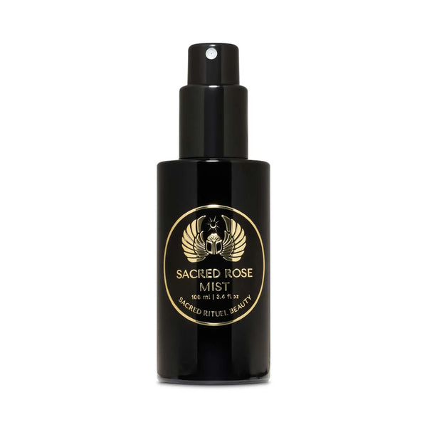 Sacred Rituel Sacred Rose Mist in a violet Miron glass spray bottle, a hydrating botanical rose water mist.