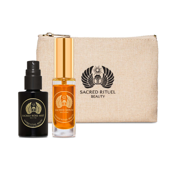 SACRED RITUEL Sacred Travel Set with mini Sacred Serum and Rose Mist in a natural hemp zippered pouch; travel-friendly organic skincare duo.