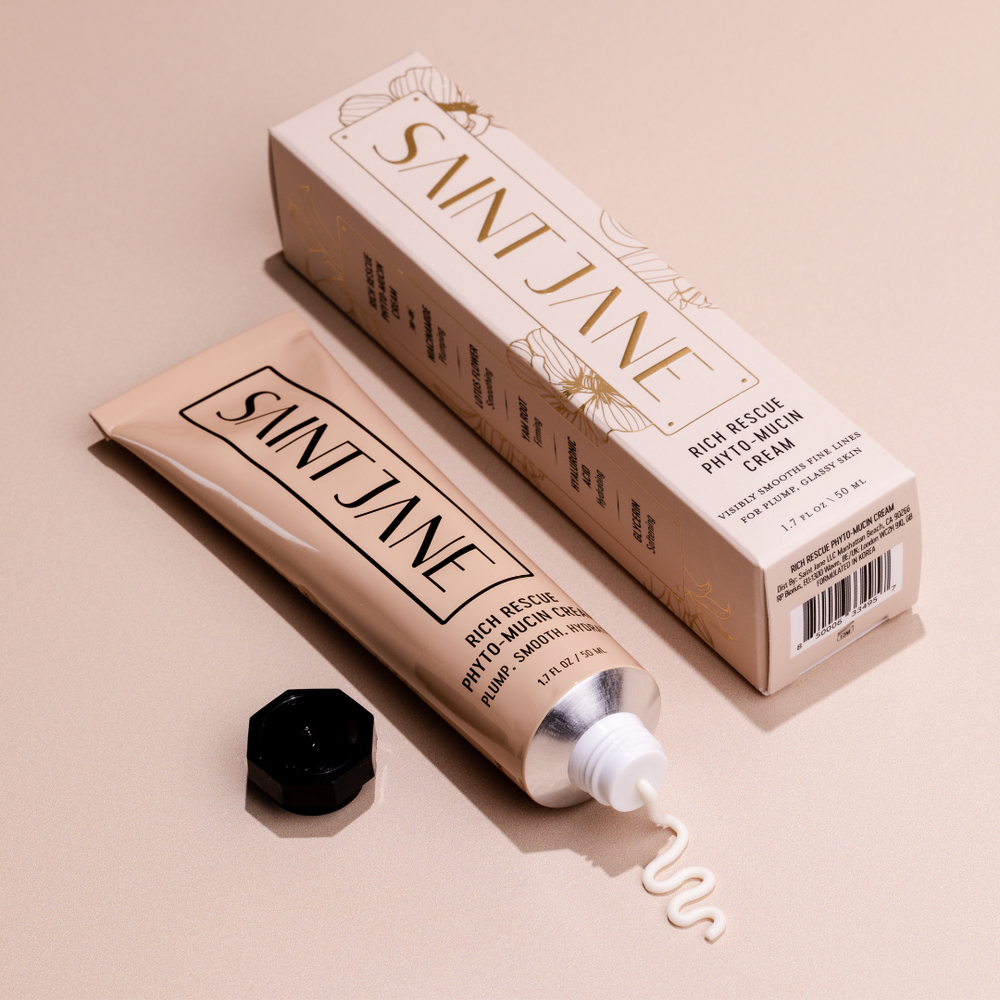 SAINT JANE Rich Rescue Phyto Mucin Cream in a tube. Vegan Korean-inspired formula with yam root, niacinamide, and hyaluronic acid.